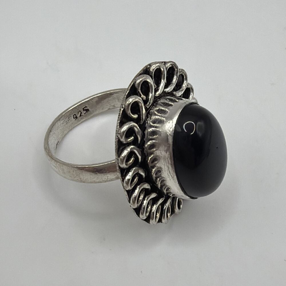925 Sterling Silver Black Onyx Cabochon Ring 6 Scroll Filigree Cocktail